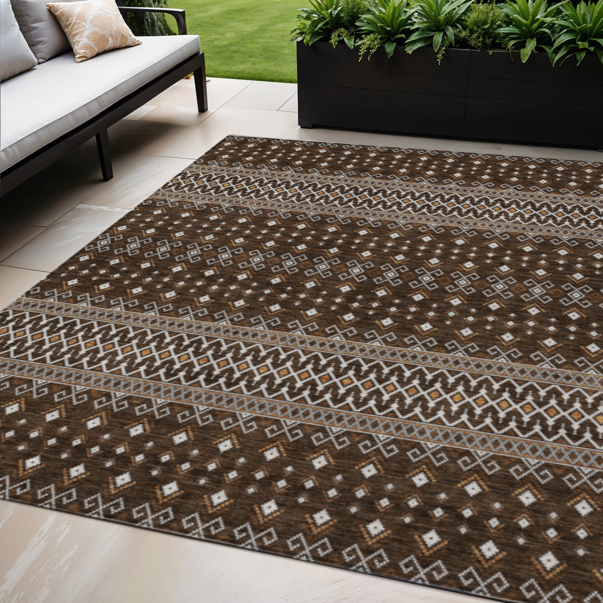 5 X 8 Chocolate Taupe And Copper Tribal Washable Indoor Outdoor Area Rug