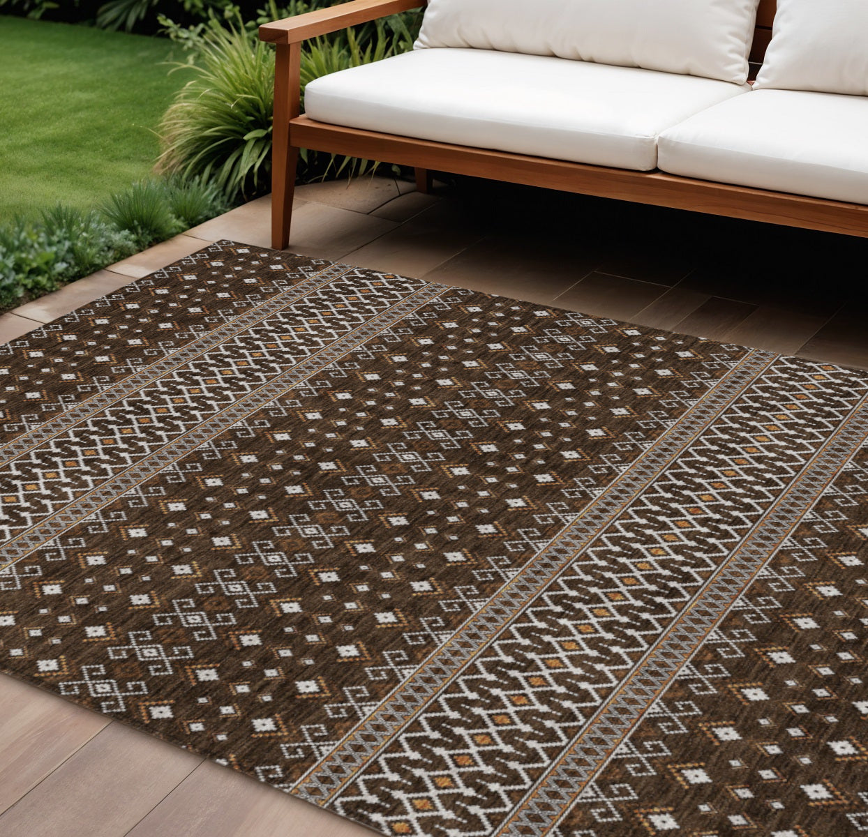 9 X 12 Chocolate Taupe And Copper Tribal Washable Indoor Outdoor Area Rug