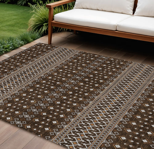 10 X 14 Chocolate Taupe And Copper Tribal Washable Indoor Outdoor Area Rug
