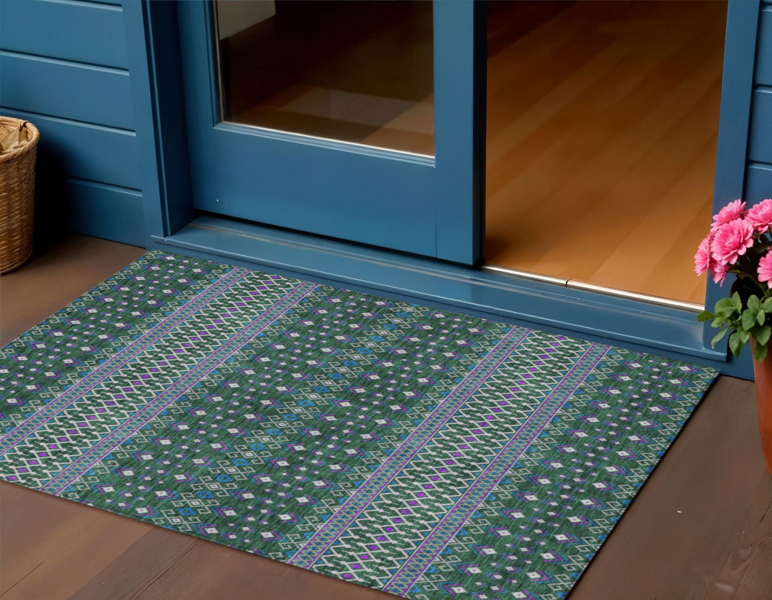 3 X 5 Green Blue And Purple Tribal Washable Indoor Outdoor Area Rug