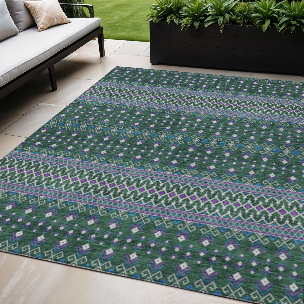5 X 8 Green Blue And Purple Tribal Washable Indoor Outdoor Area Rug