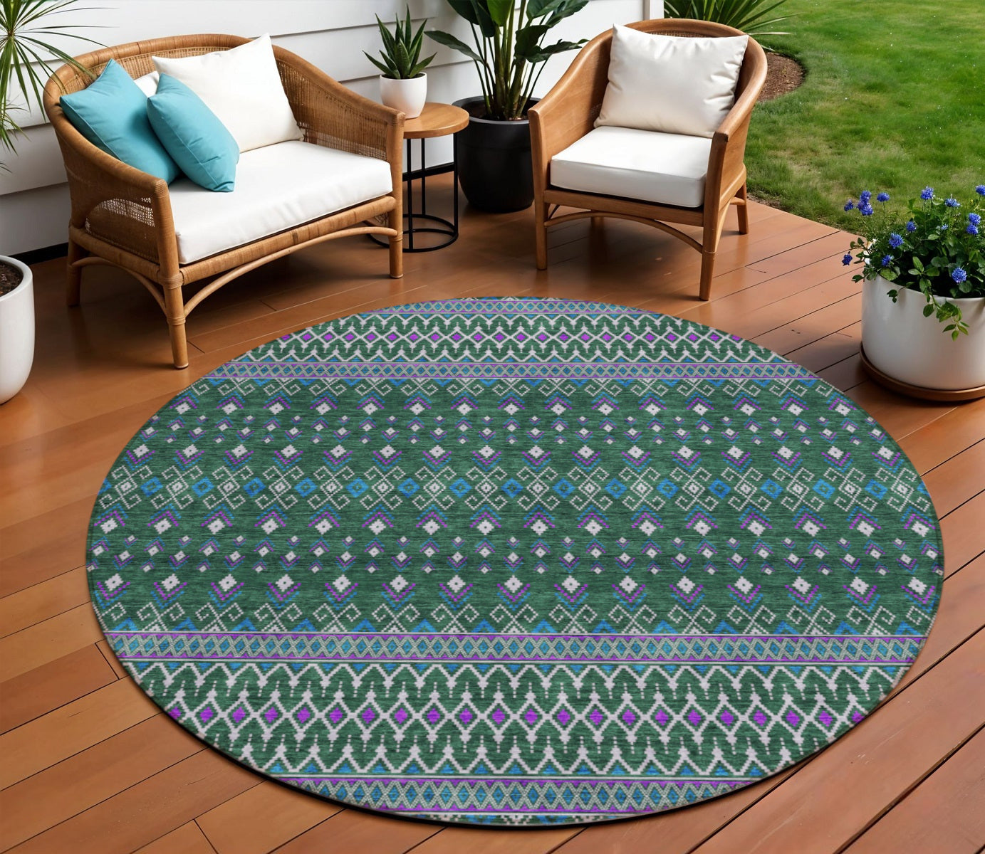 8 Green Blue And Purple Round Tribal Washable Indoor Outdoor Area Rug