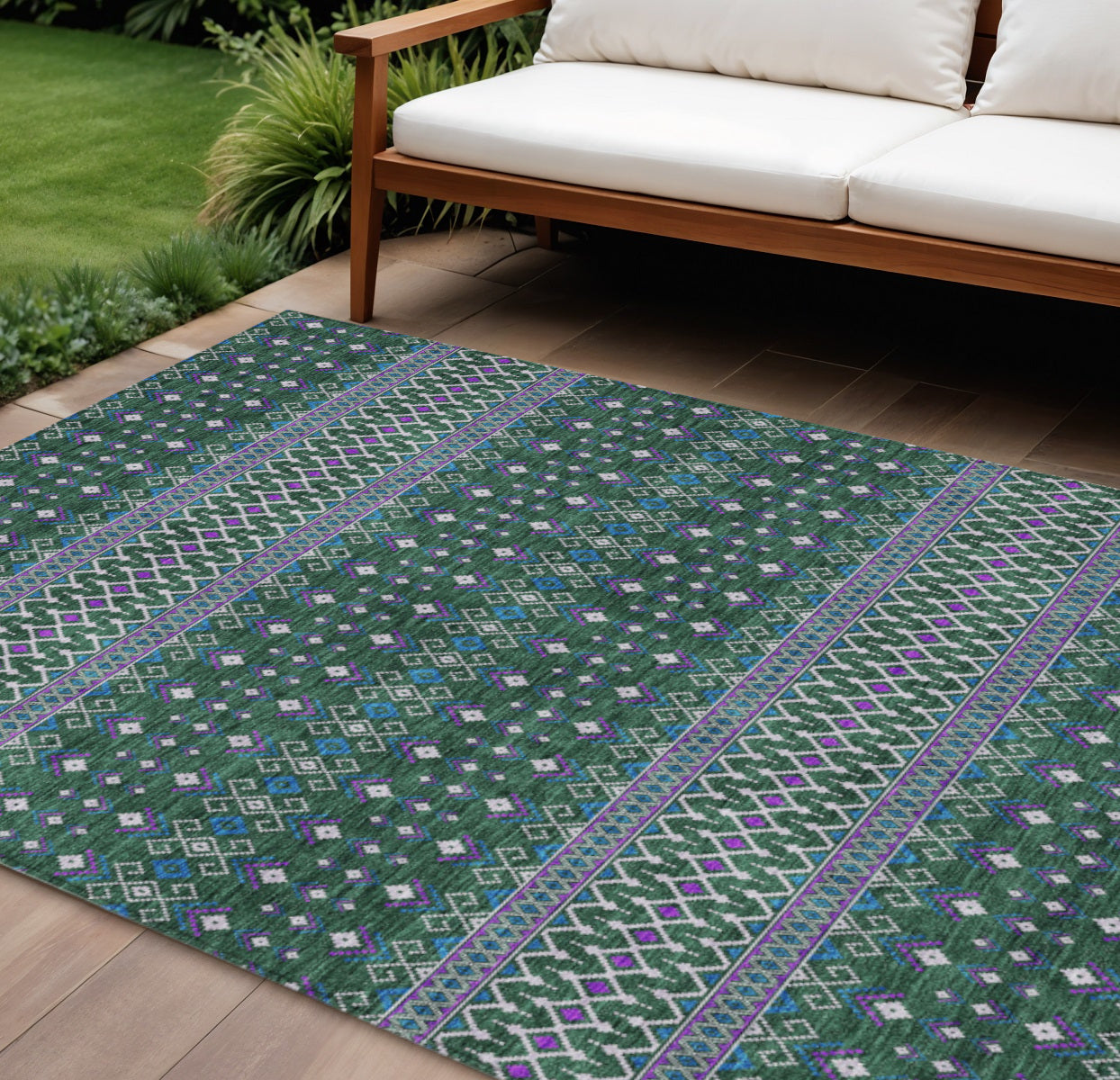 10 X 14 Green Blue And Purple Tribal Washable Indoor Outdoor Area Rug