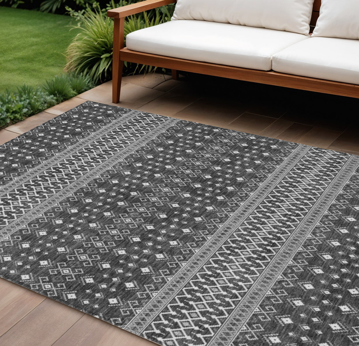 8 X 10 Gray Silver And Charcoal Tribal Washable Indoor Outdoor Area Rug