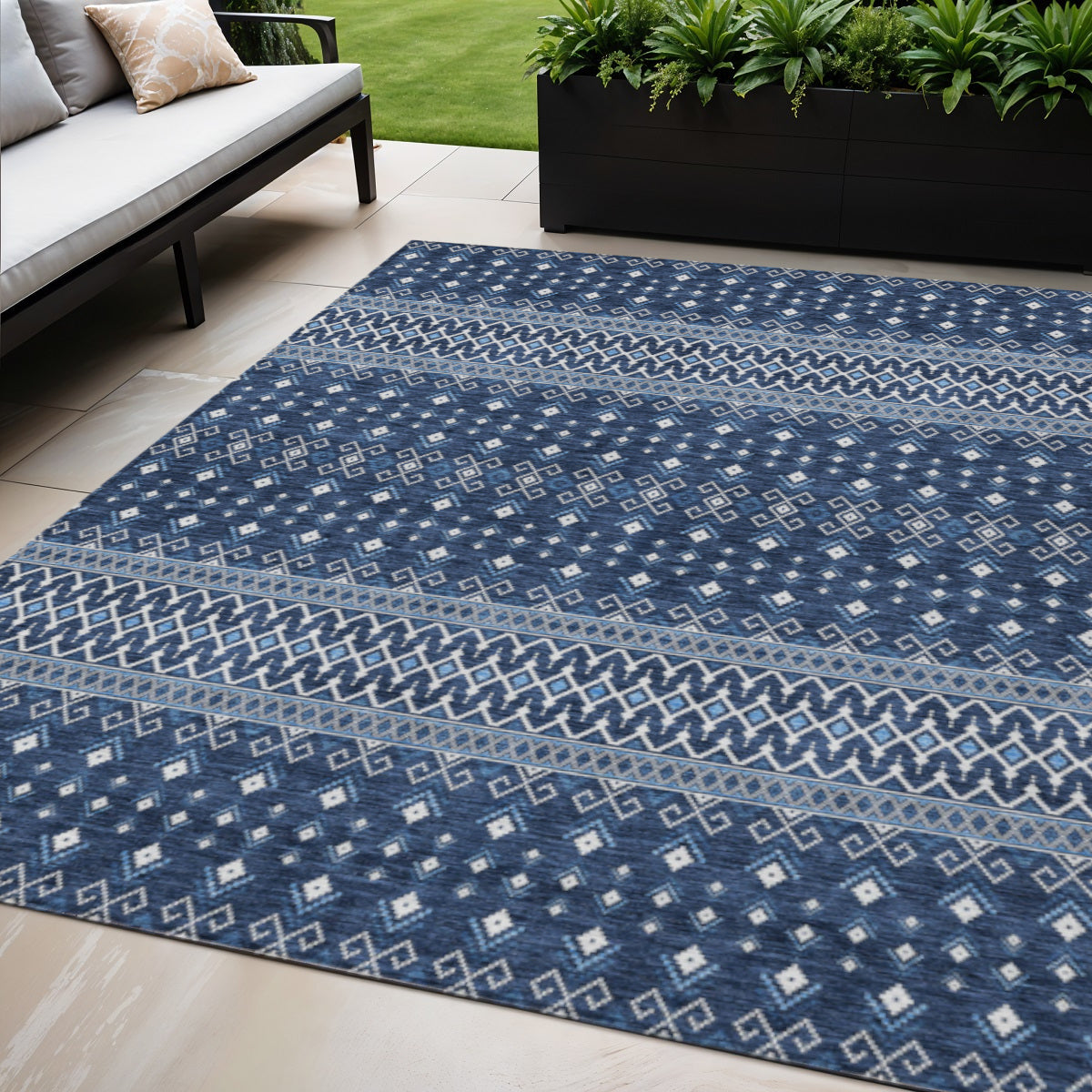 5 X 8 Navy Blue And Denim Blue Tribal Washable Indoor Outdoor Area Rug