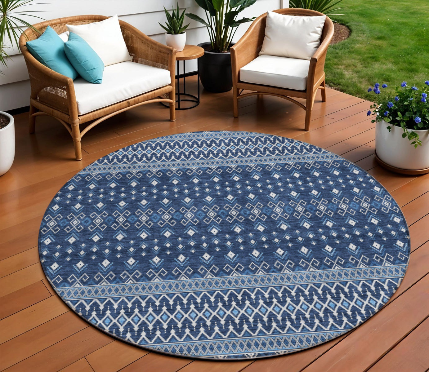8 Navy Blue And Denim Blue Round Tribal Washable Indoor Outdoor Area Rug