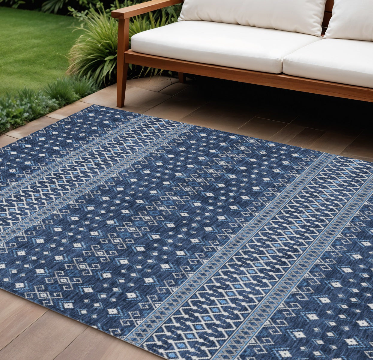 8 X 10 Navy Blue And Denim Blue Tribal Washable Indoor Outdoor Area Rug