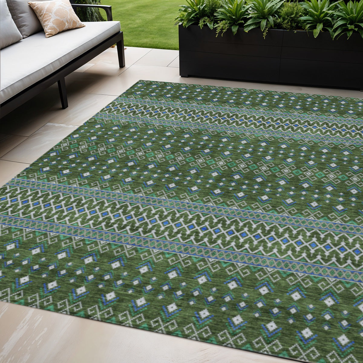 5 X 8 Olive Green And Blue Tribal Washable Indoor Outdoor Area Rug