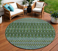 8 Olive Green And Blue Round Tribal Washable Indoor Outdoor Area Rug