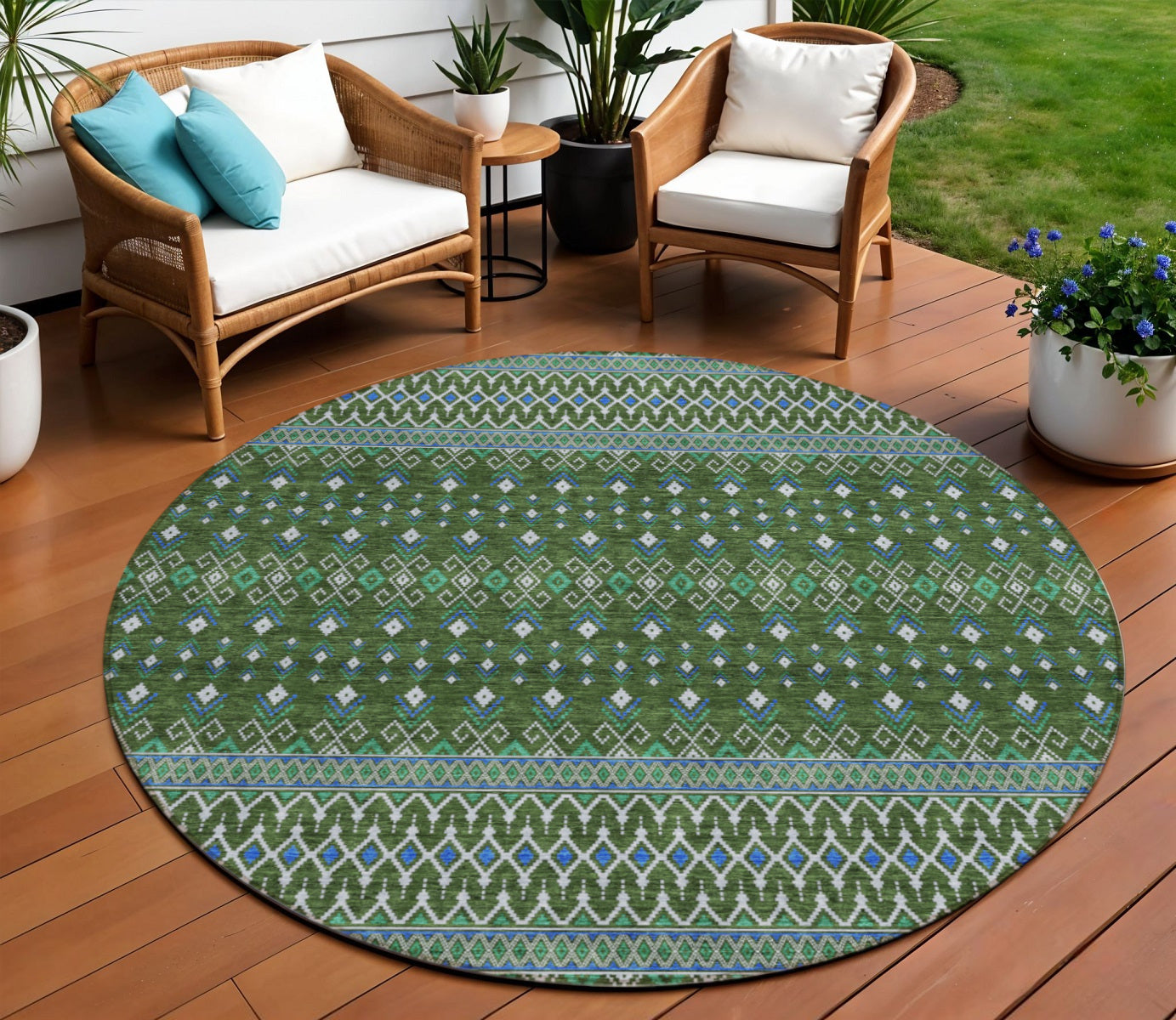 8 Olive Green And Blue Round Tribal Washable Indoor Outdoor Area Rug