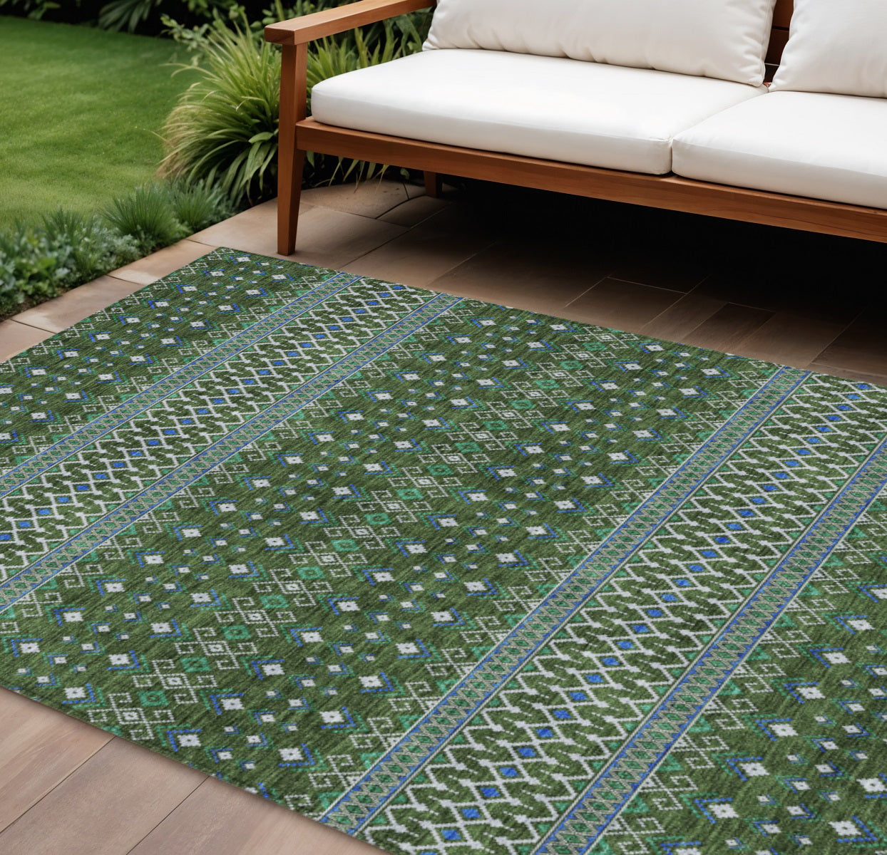 8 X 10 Olive Green And Blue Tribal Washable Indoor Outdoor Area Rug