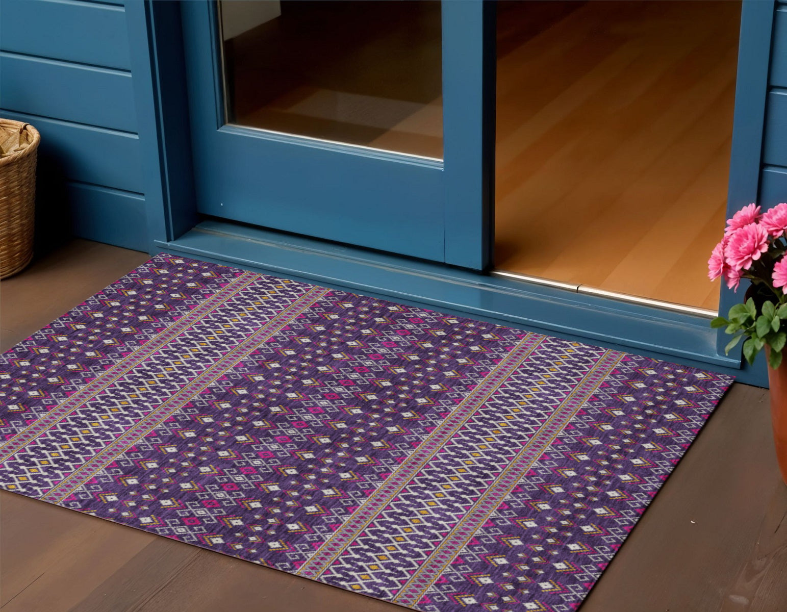 3 X 5 Purple Pink And Yellow Tribal Washable Indoor Outdoor Area Rug