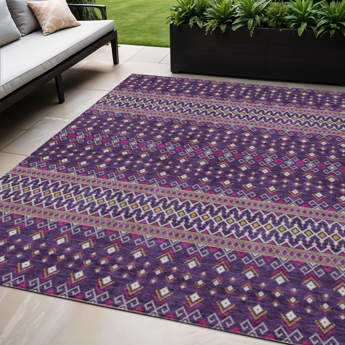5 X 8 Purple Pink And Yellow Tribal Washable Indoor Outdoor Area Rug