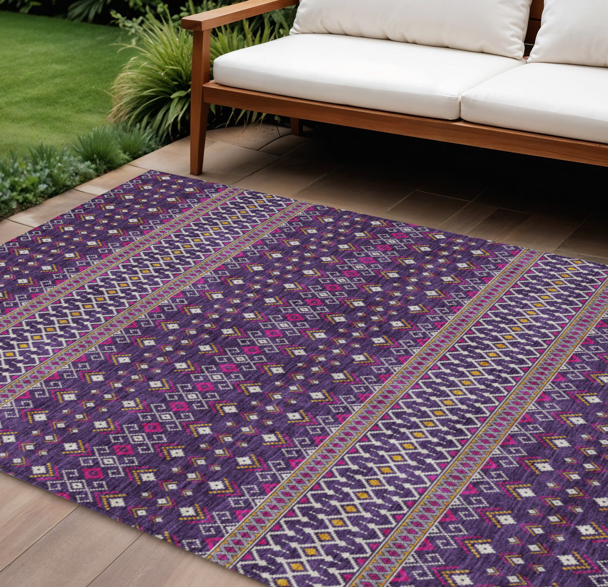 9 X 12 Purple Pink And Yellow Tribal Washable Indoor Outdoor Area Rug