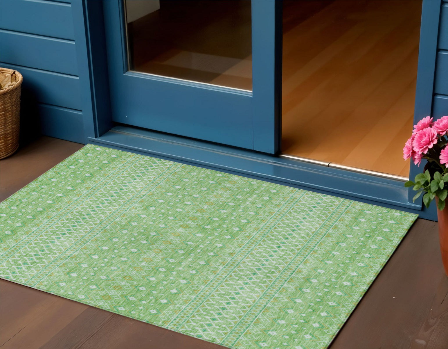 3 X 5 Green And Mint Green Tribal Washable Indoor Outdoor Area Rug