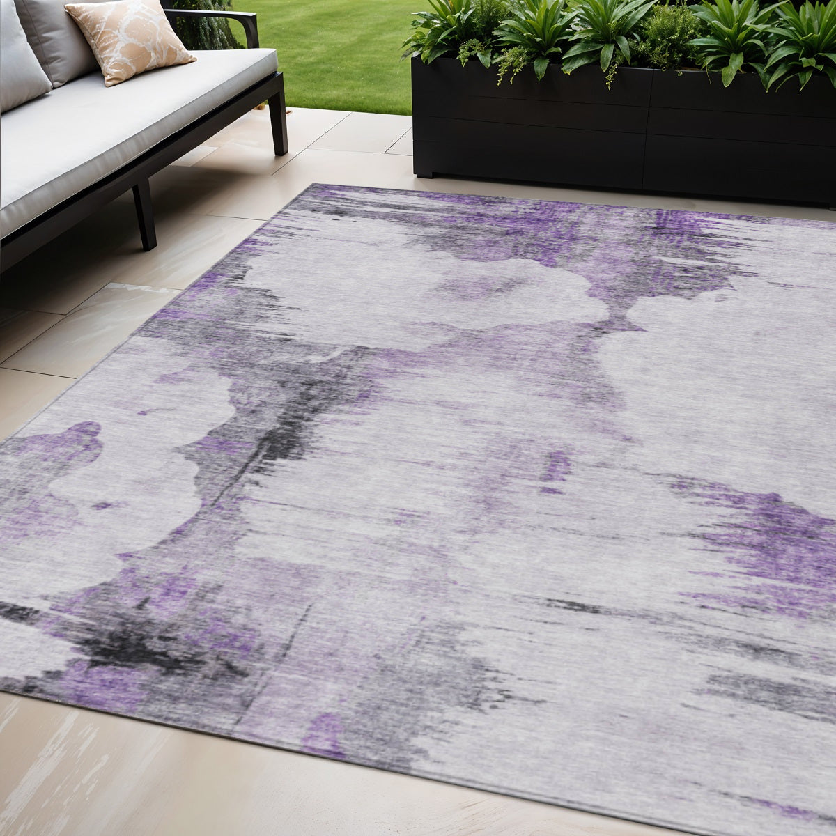 5 X 8 Purple Lavender And Gray Abstract Washable Indoor Outdoor Area Rug