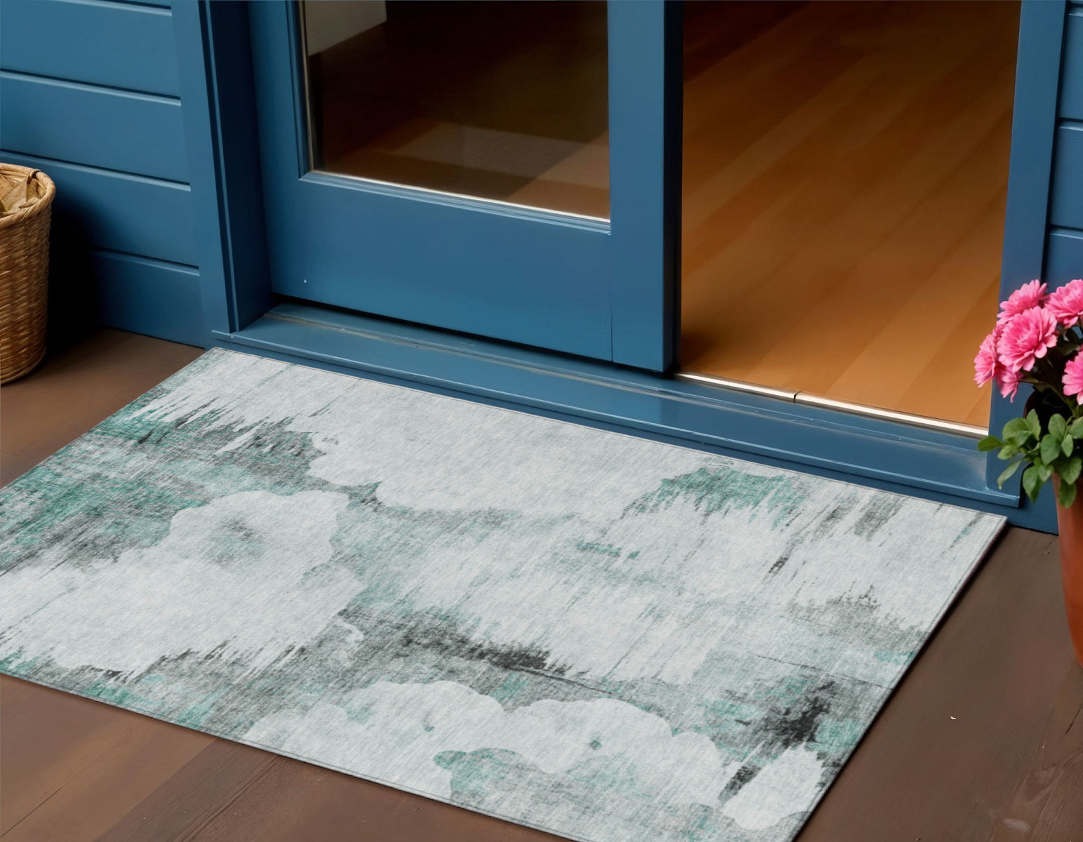 3 X 5 Teal Blue Silver And Gray Abstract Washable Indoor Outdoor Area Rug