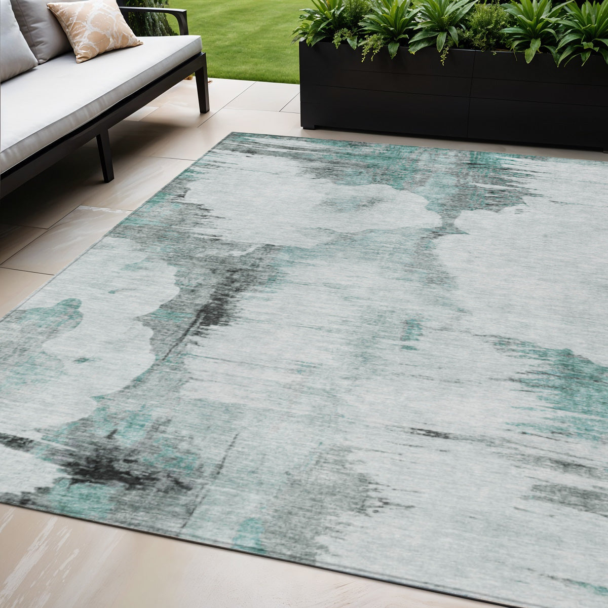 5 X 8 Teal Blue Silver And Gray Abstract Washable Indoor Outdoor Area Rug