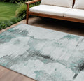 8 X 10 Teal Blue Silver And Gray Abstract Washable Indoor Outdoor Area Rug