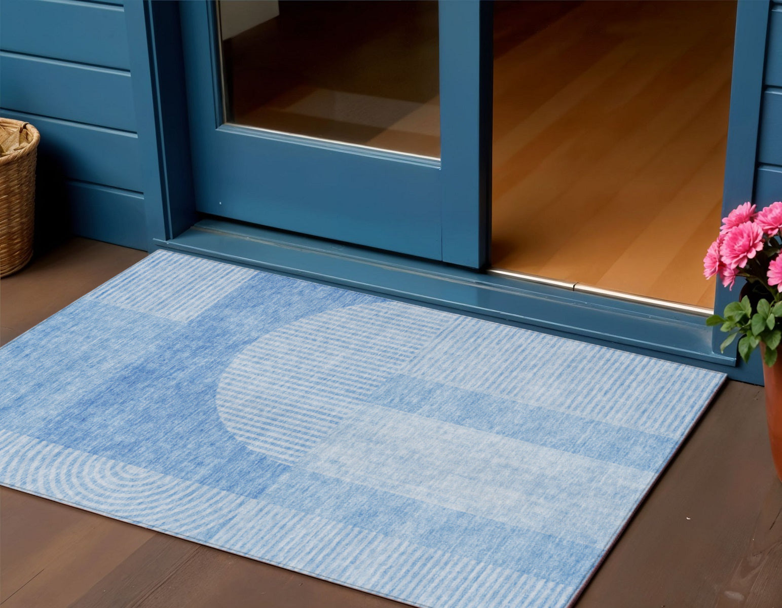 3 X 5 Sky Blue And Denim Blue Geometric Washable Indoor Outdoor Area Rug