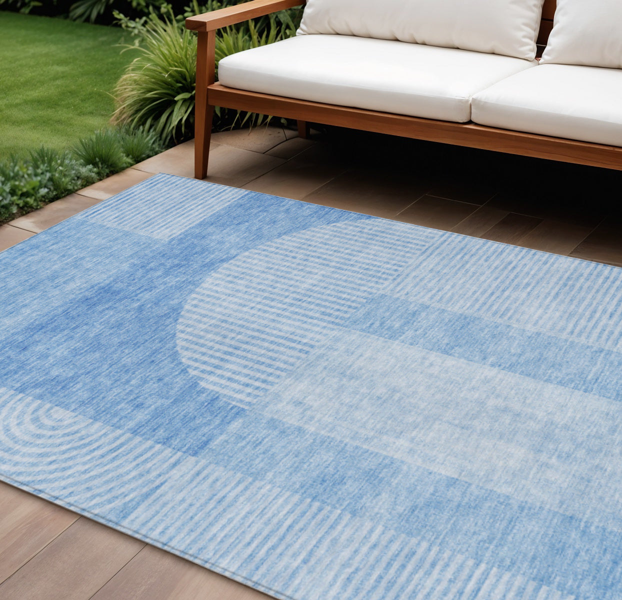 8 X 10 Sky Blue And Denim Blue Geometric Washable Indoor Outdoor Area Rug
