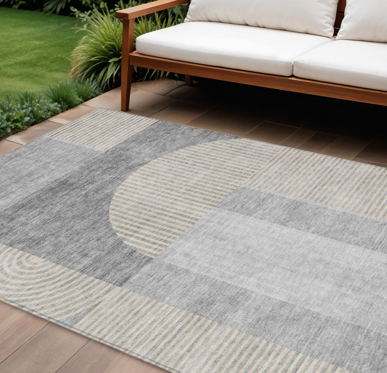 8 X 10 Silver Gray And Beige Geometric Washable Indoor Outdoor Area Rug