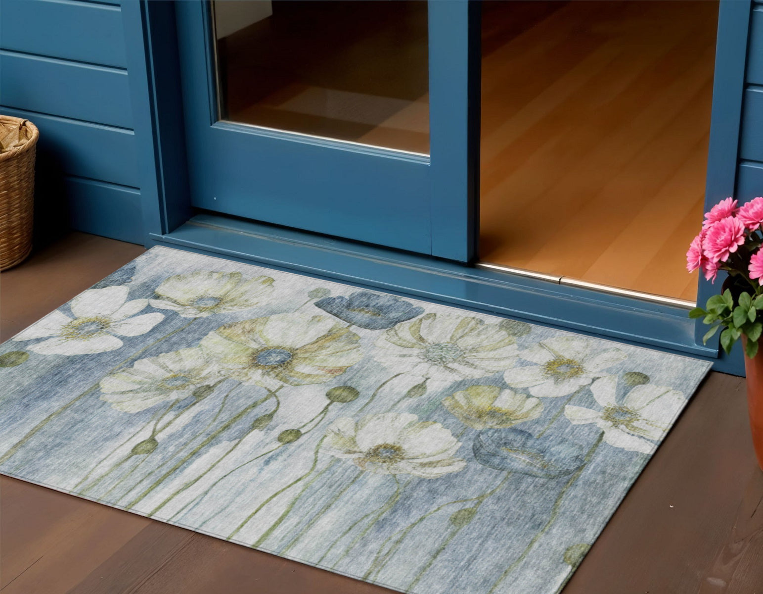 3 X 5 Denim Blue And Sky Blue Floral Washable Indoor Outdoor Area Rug
