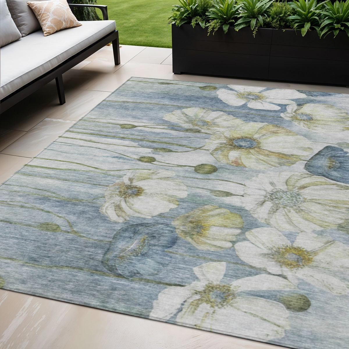 5 X 8 Denim Blue And Sky Blue Floral Washable Indoor Outdoor Area Rug