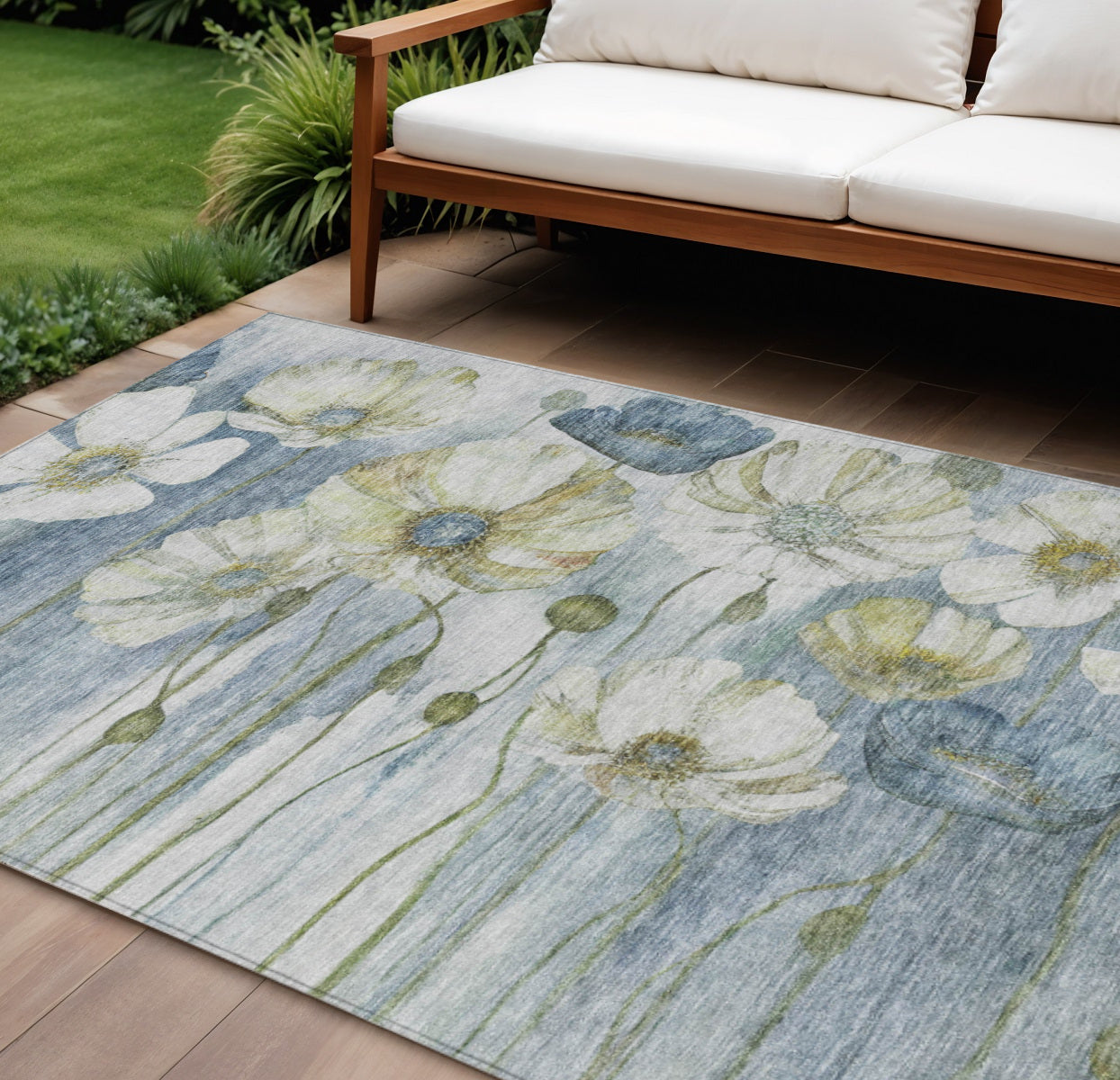 9 X 12 Denim Blue And Sky Blue Floral Washable Indoor Outdoor Area Rug