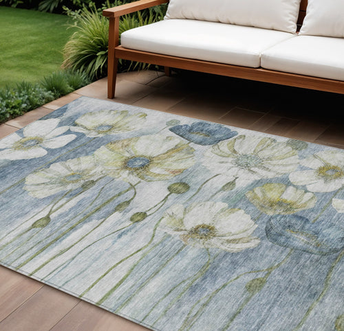 10 X 14 Denim Blue And Sky Blue Floral Washable Indoor Outdoor Area Rug