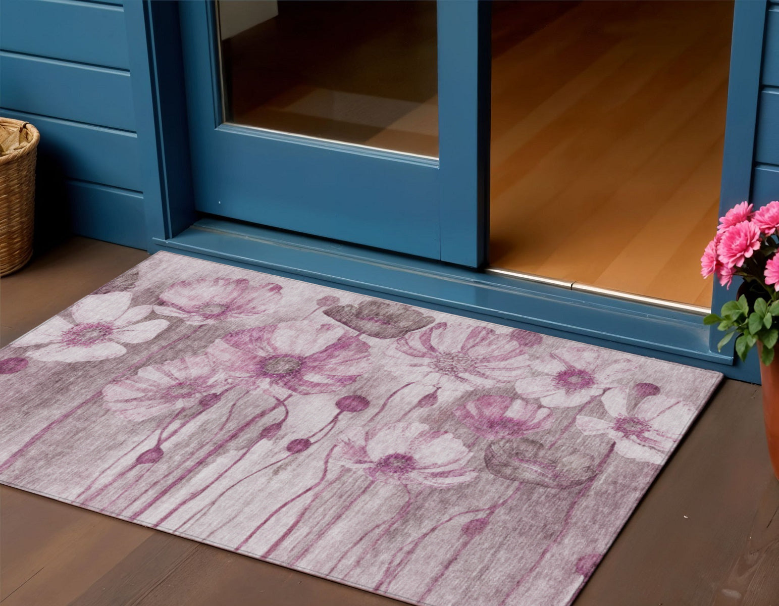 3 X 5 Plum Mauve And Pink Floral Washable Indoor Outdoor Area Rug