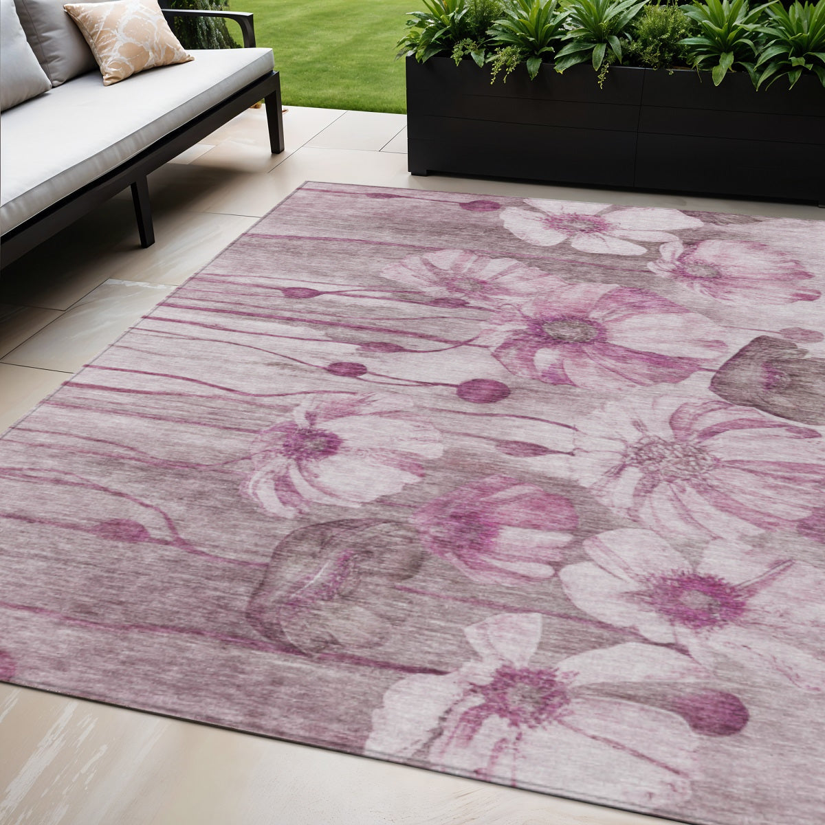 5 X 8 Plum Mauve And Pink Floral Washable Indoor Outdoor Area Rug