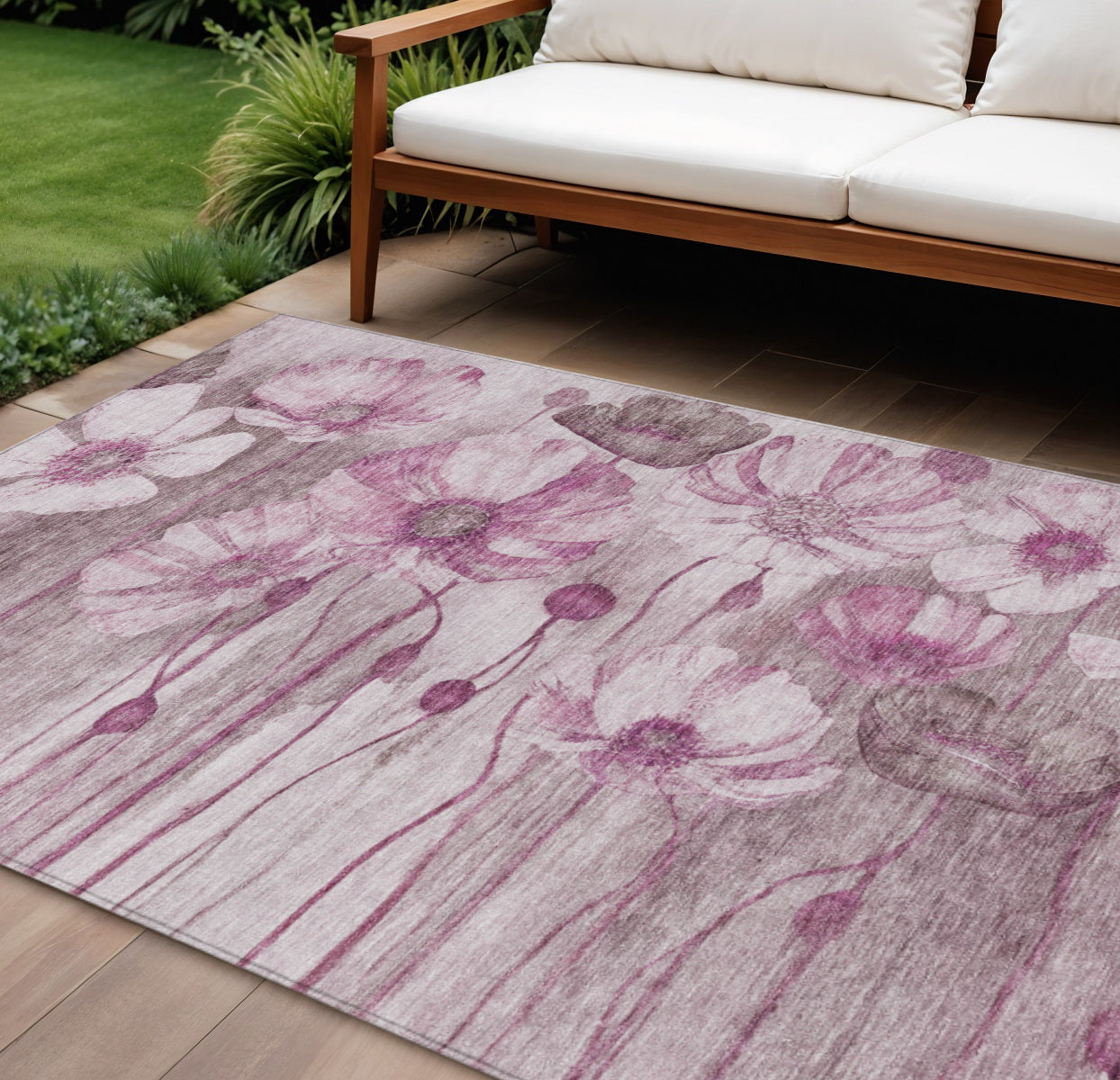 10 X 14 Plum Mauve And Pink Floral Washable Indoor Outdoor Area Rug