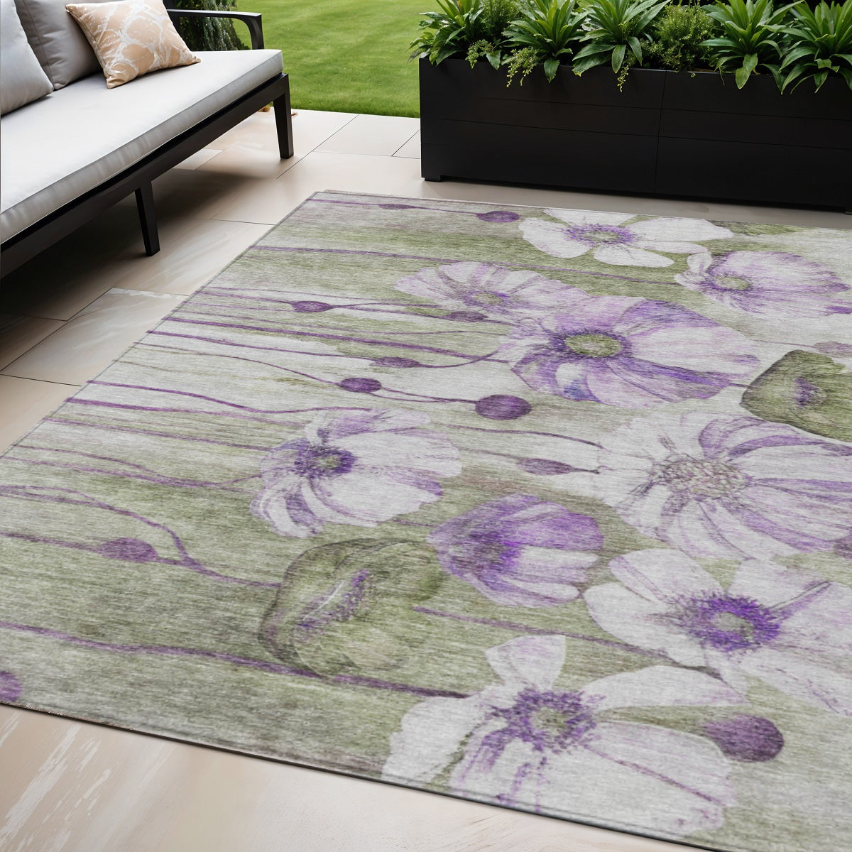 5 X 8 Purple And Lavender Floral Washable Indoor Outdoor Area Rug