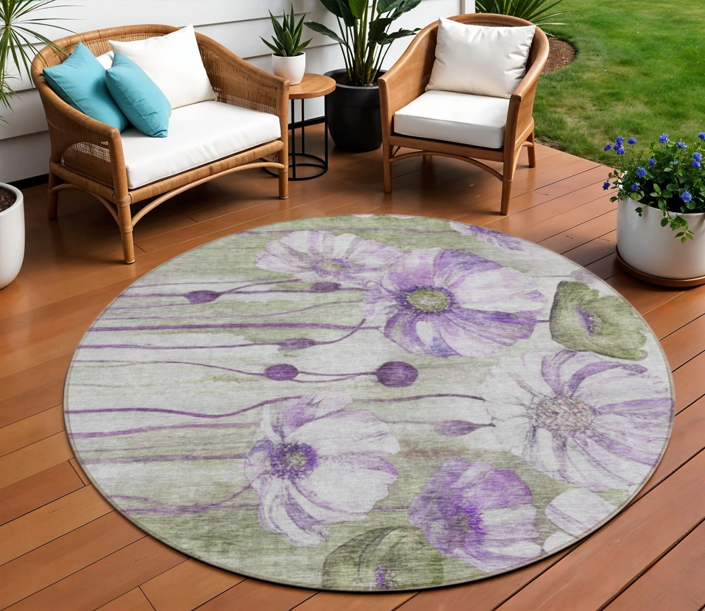 8 Purple And Lavender Round Floral Washable Indoor Outdoor Area Rug