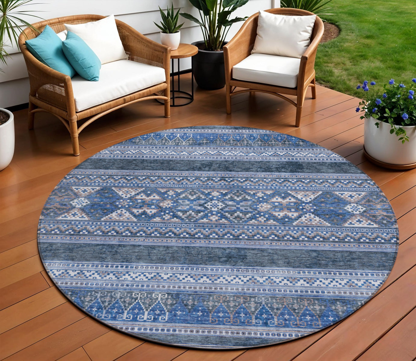 8 Navy Blue And Denim Blue Round Southwestern Washable Indoor Outdoor Area Rug