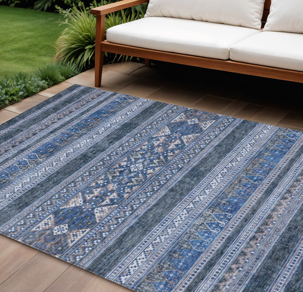 9 X 12 Navy Blue And Denim Blue Southwestern Washable Indoor Outdoor Area Rug