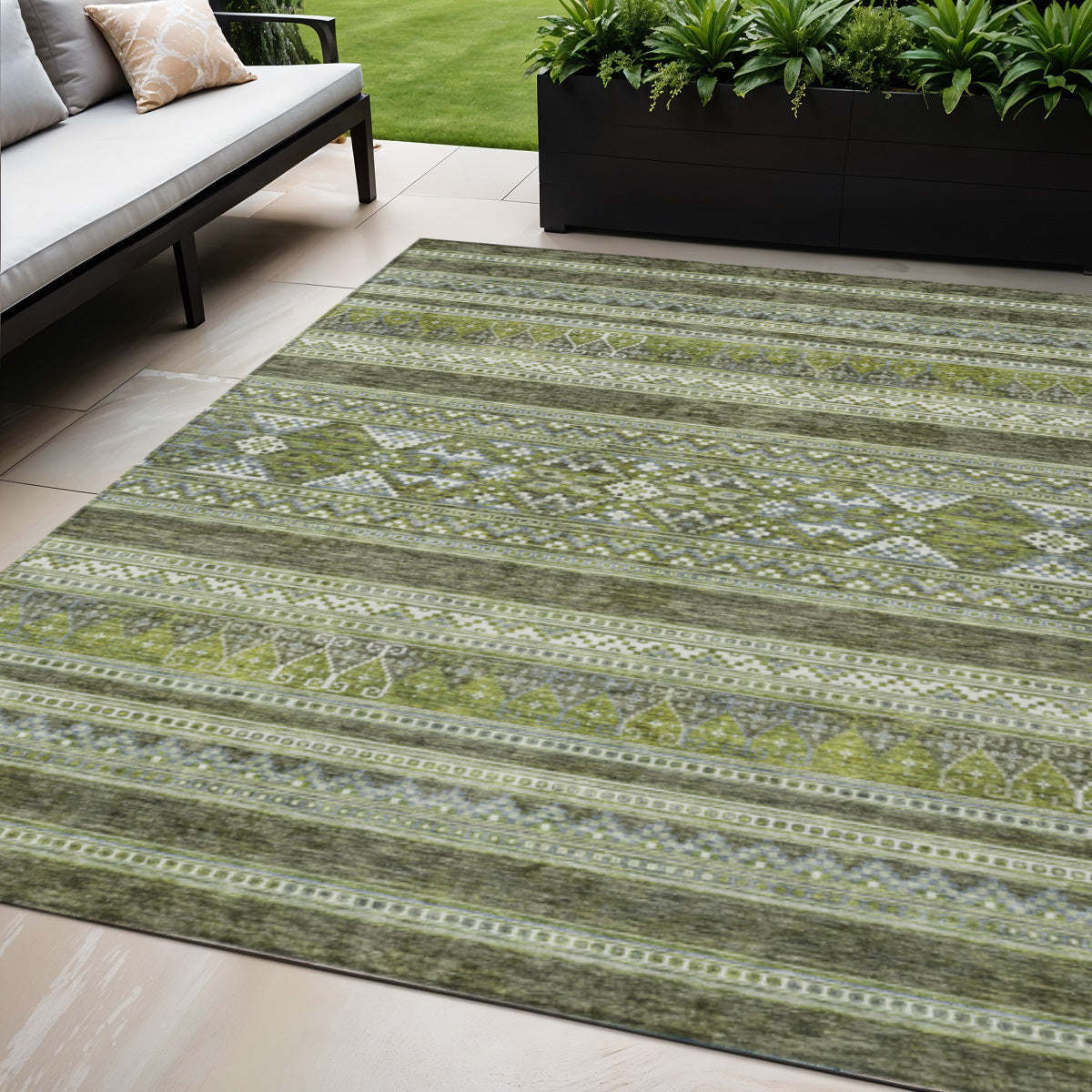5 X 8 Olive Green And Artichoke Green Southwestern Washable Indoor Outdoor Area Rug