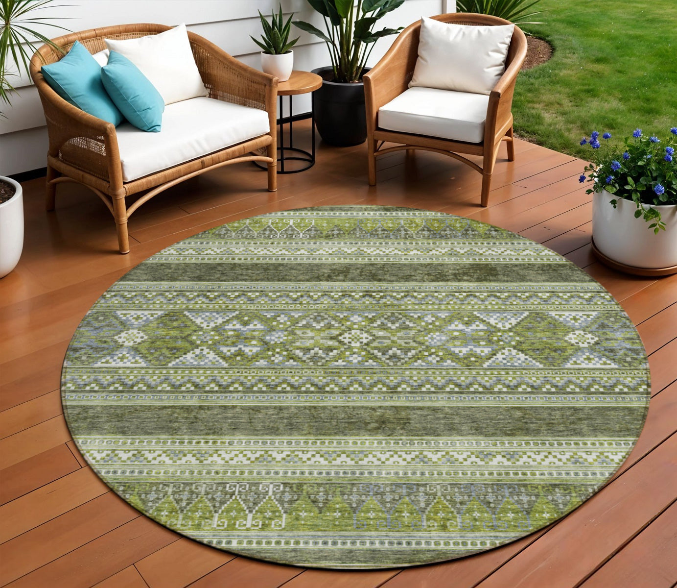 8 Olive Green And Artichoke Green Round Southwestern Washable Indoor Outdoor Area Rug