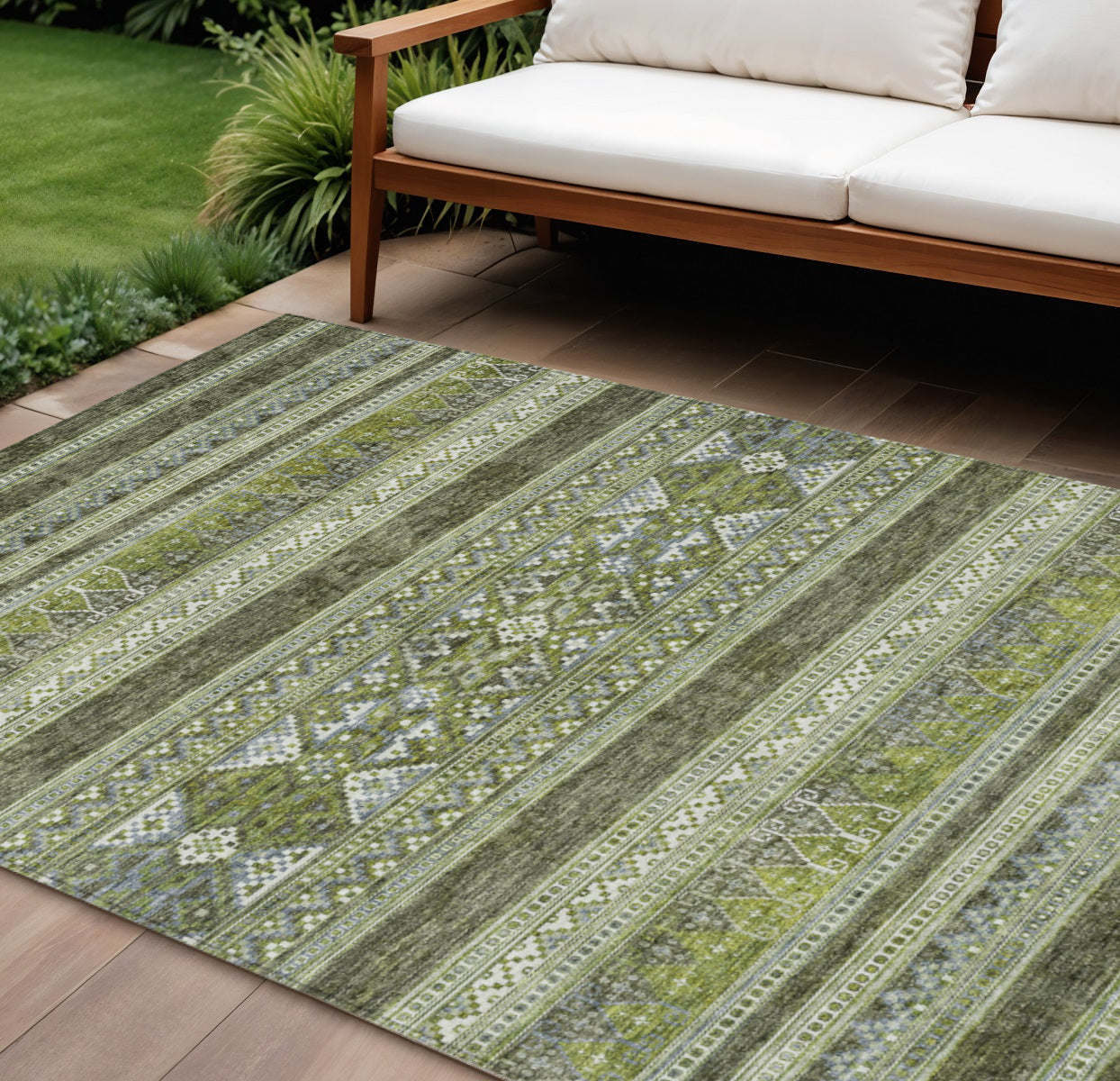 10 X 14 Olive Green And Artichoke Green Southwestern Washable Indoor Outdoor Area Rug