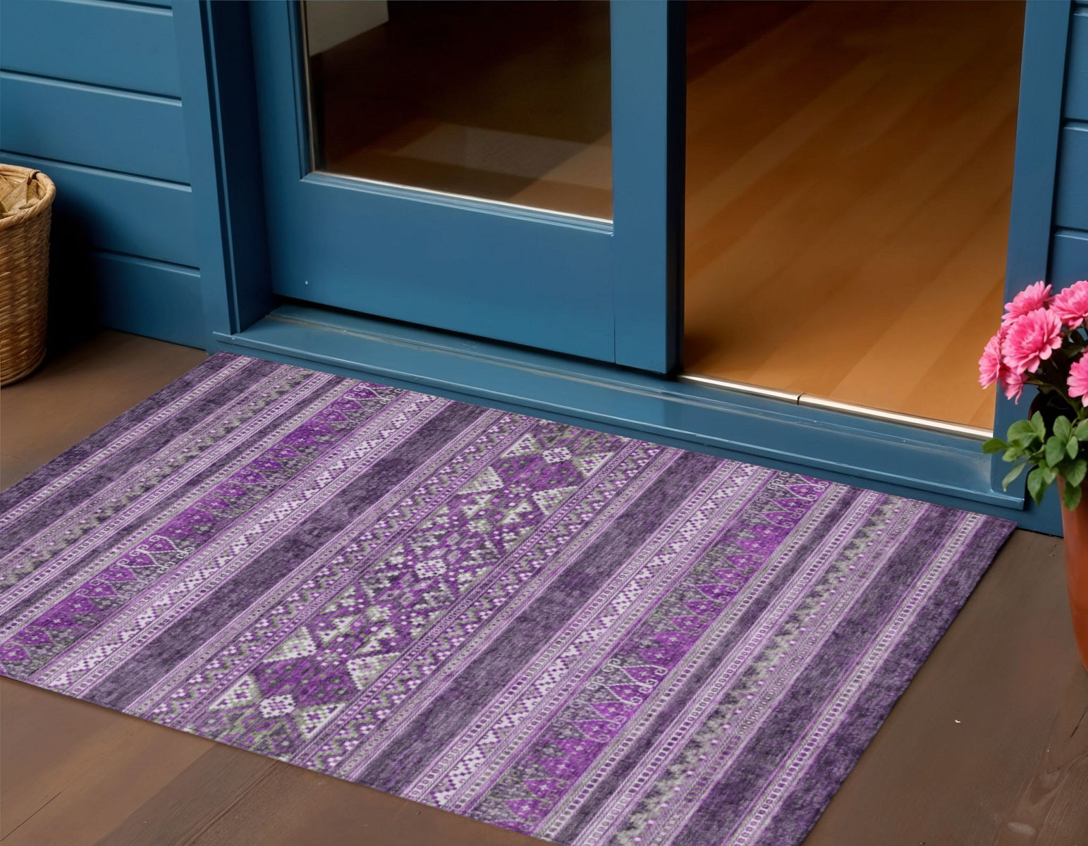 3 X 5 Purple Eggplant And Gray Southwestern Washable Indoor Outdoor Area Rug