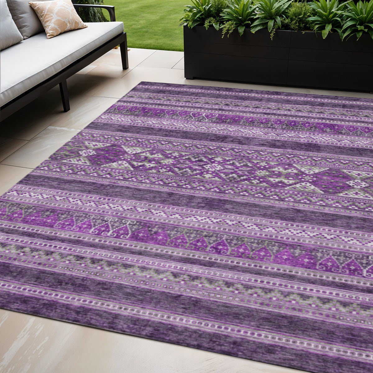 5 X 8 Purple Eggplant And Gray Southwestern Washable Indoor Outdoor Area Rug
