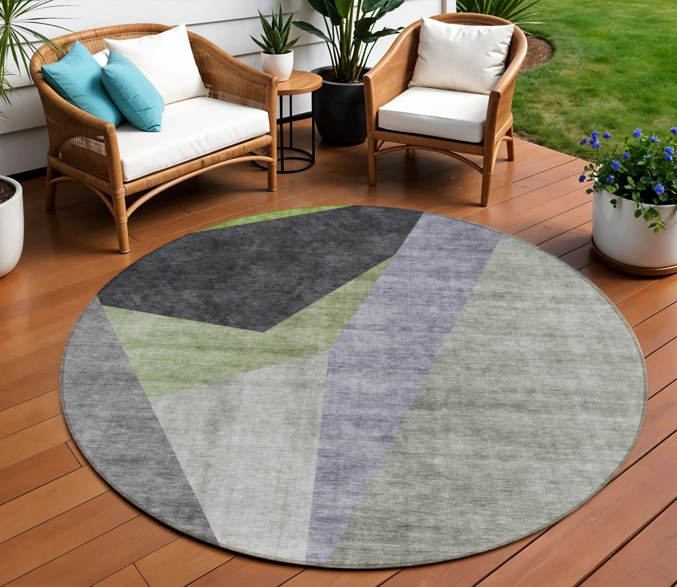 8 Sage Green And Charcoal Round Abstract Washable Indoor Outdoor Area Rug