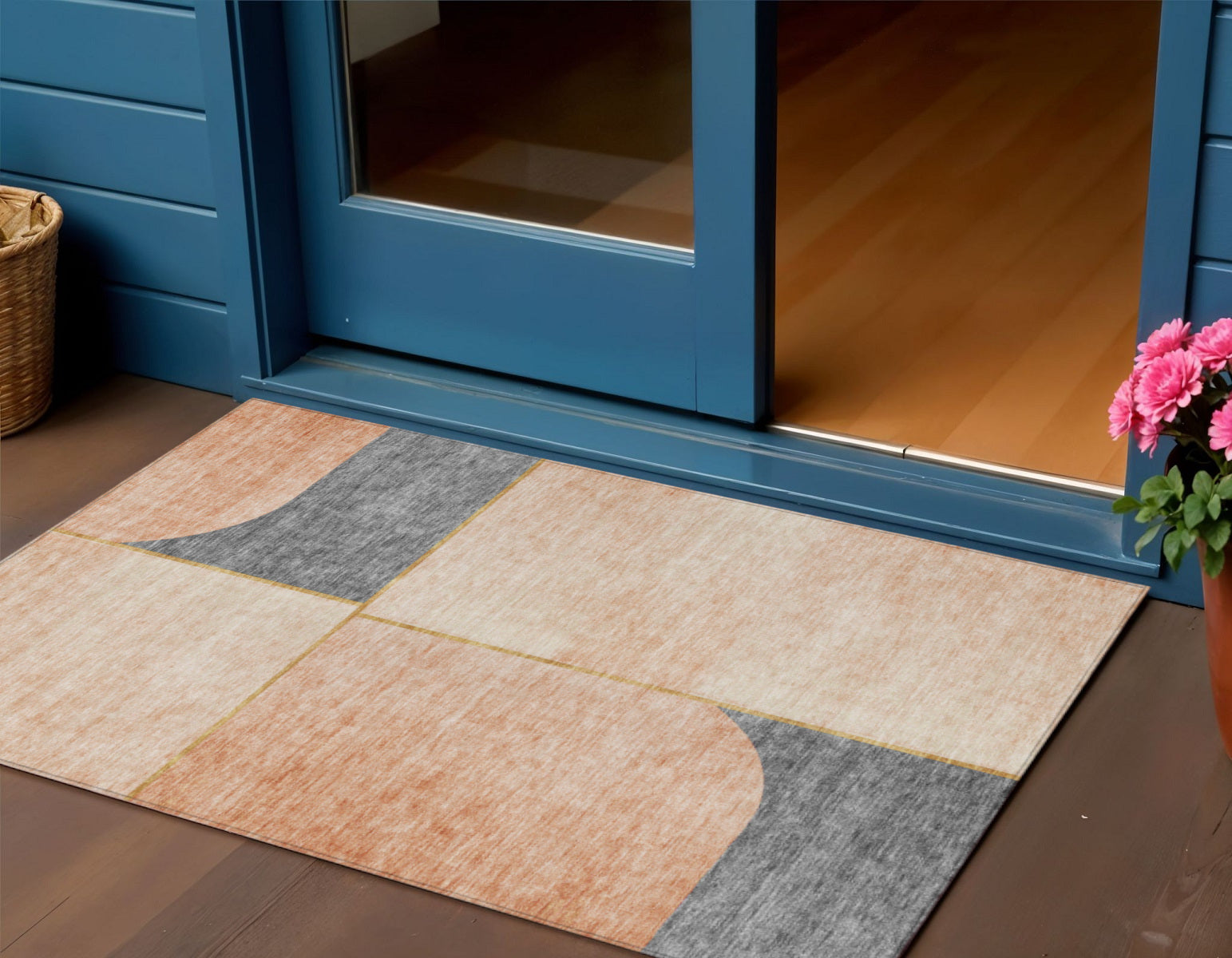 3 X 5 Coral Peach And Gray Abstract Washable Indoor Outdoor Area Rug