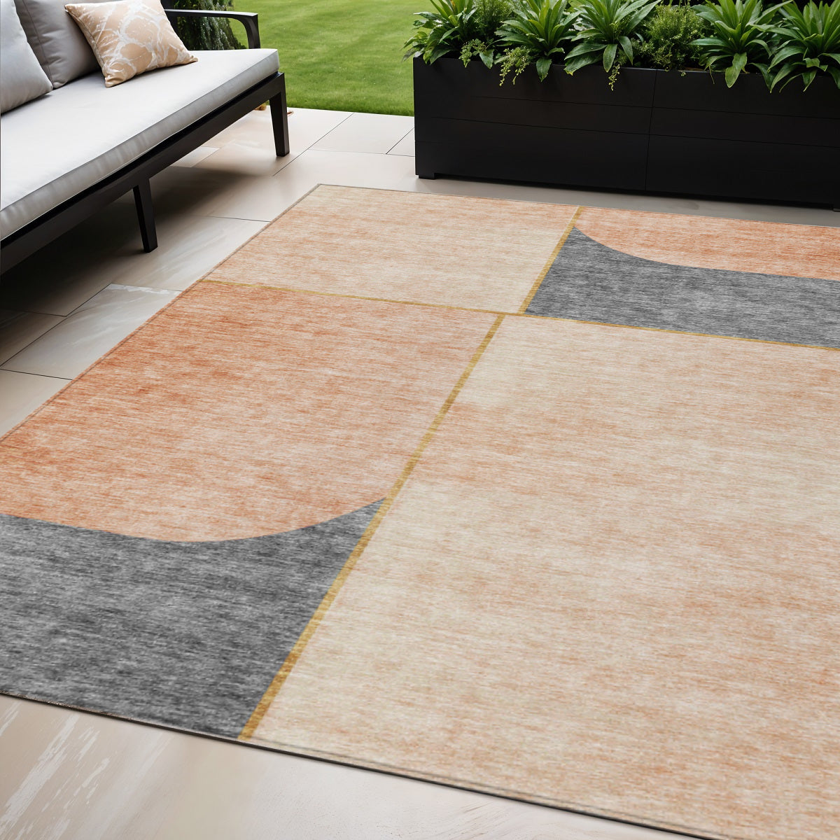 5 X 8 Coral Peach And Gray Abstract Washable Indoor Outdoor Area Rug