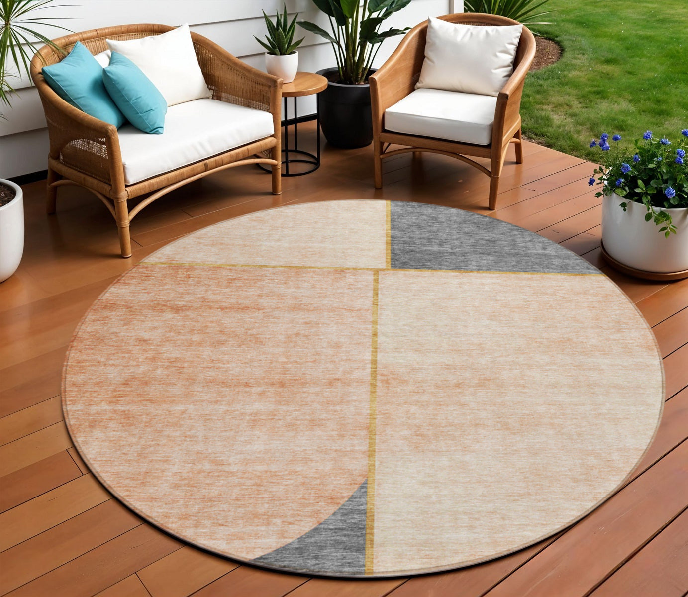 8 Coral Peach And Gray Round Abstract Washable Indoor Outdoor Area Rug