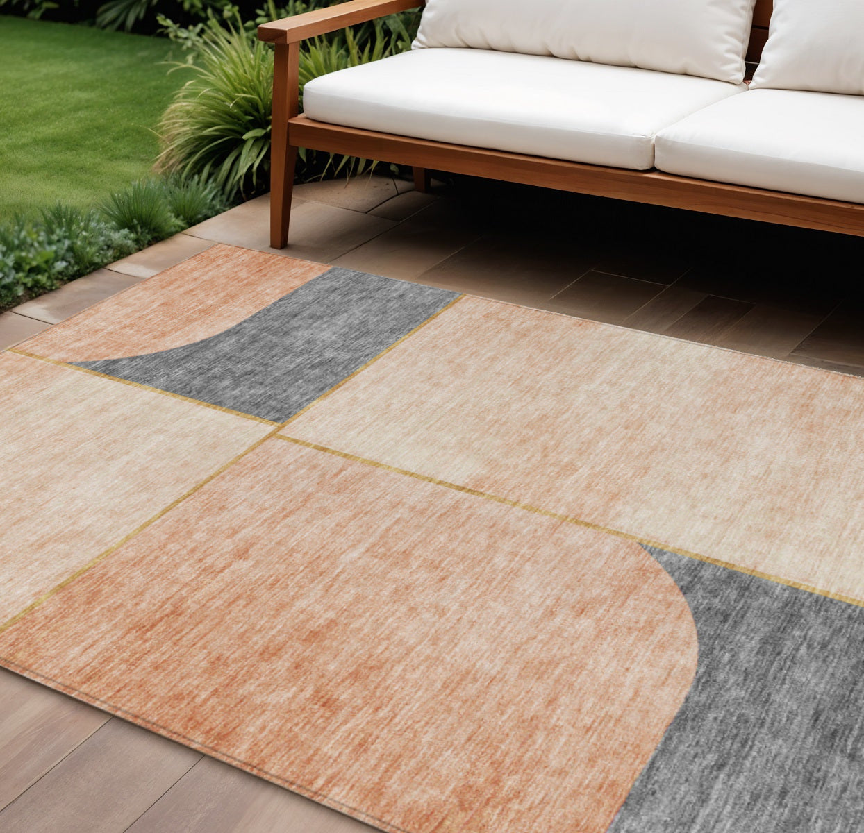 10 X 14 Coral Peach And Gray Abstract Washable Indoor Outdoor Area Rug