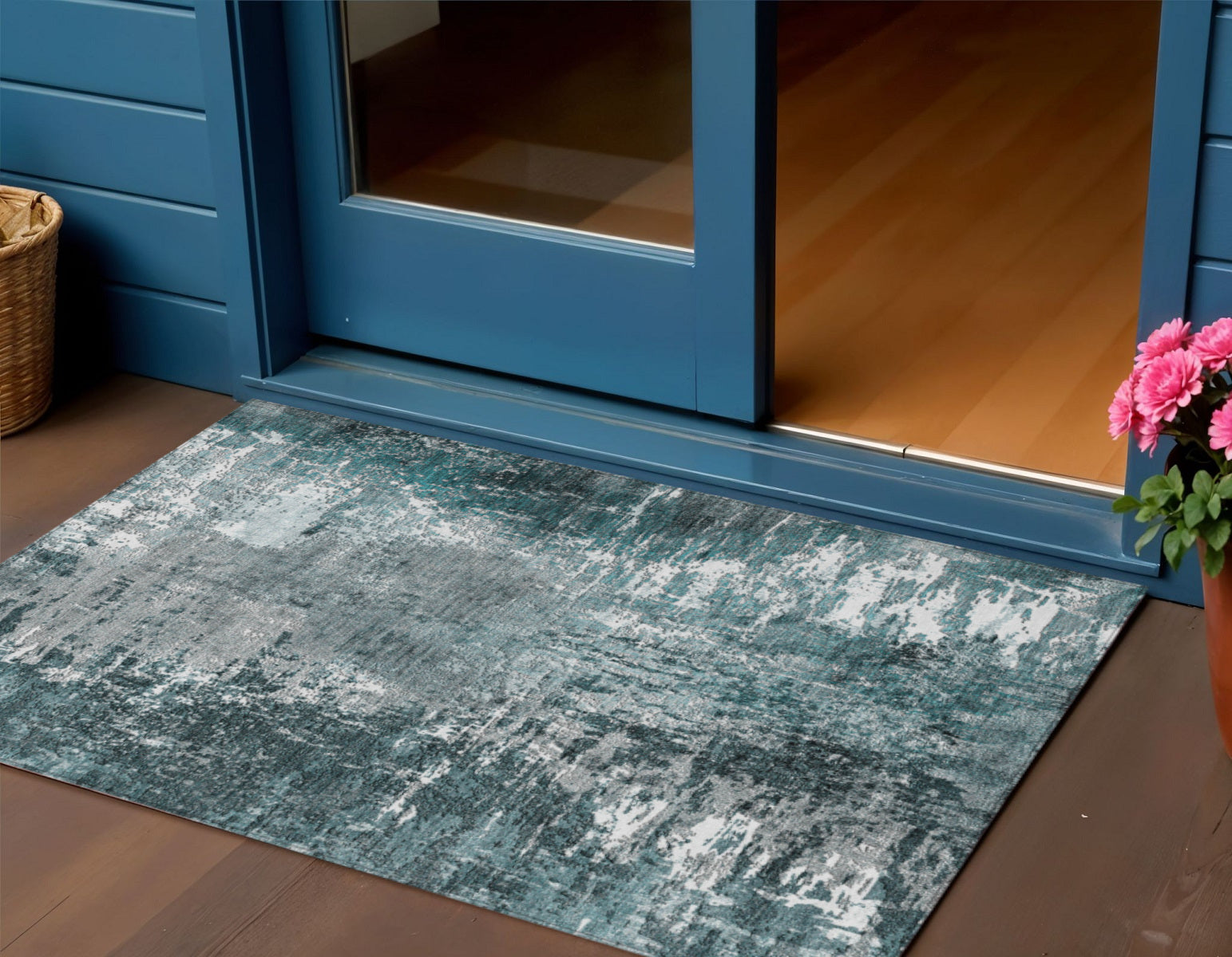 3 X 5 Teal Blue Gray And Charcoal Abstract Washable Indoor Outdoor Area Rug