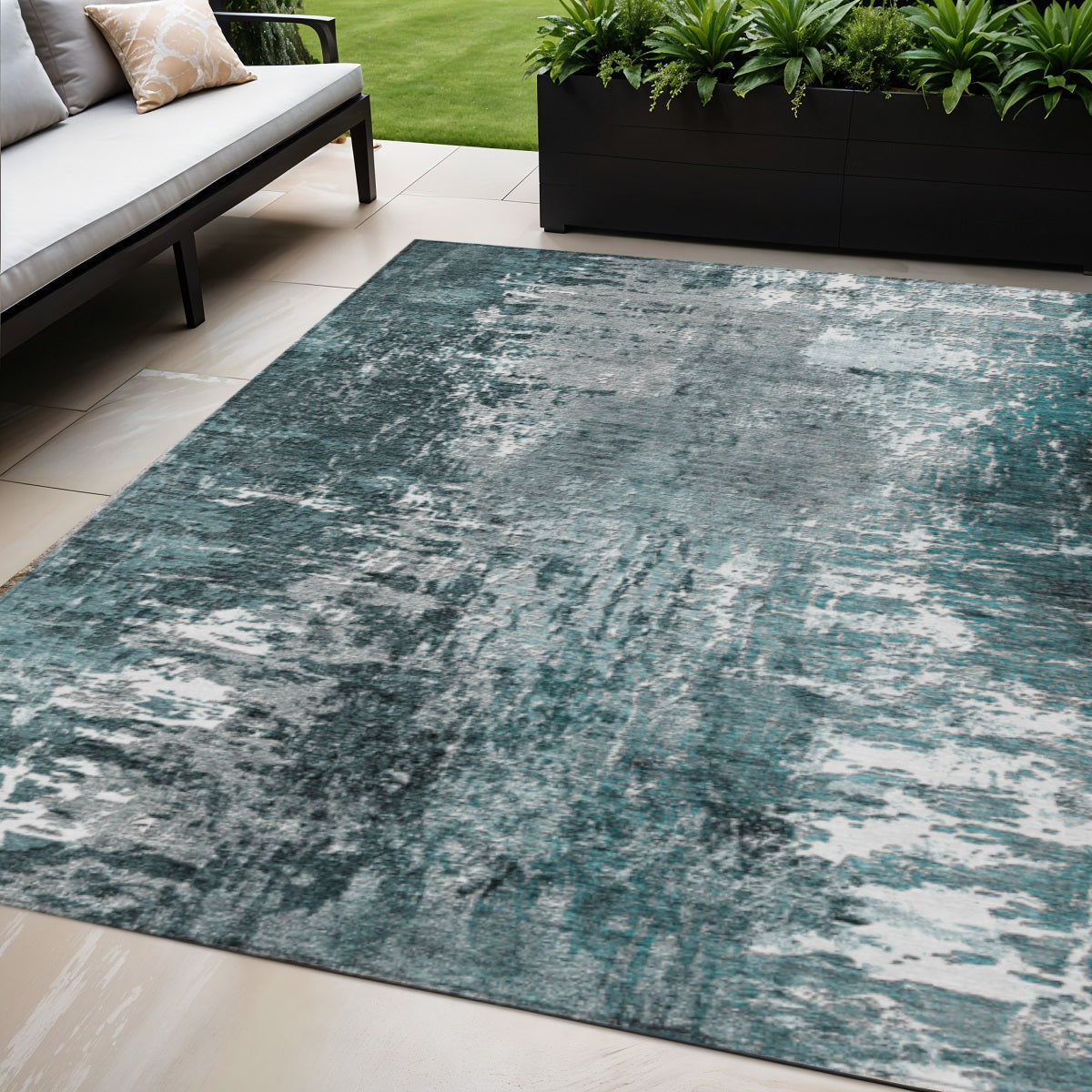 5 X 8 Teal Blue Gray And Charcoal Abstract Washable Indoor Outdoor Area Rug