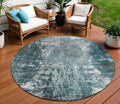 8 Teal Blue Gray And Charcoal Round Abstract Washable Indoor Outdoor Area Rug